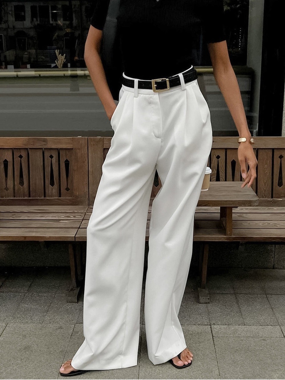 Wide Leg High-Waist White Pants without Belt - Picture 2 of 6